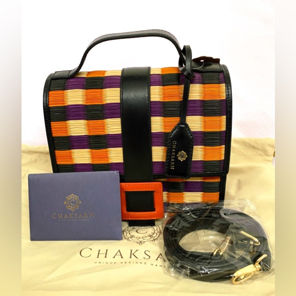 Chaksarn Candy woven straw & leather top handle purse